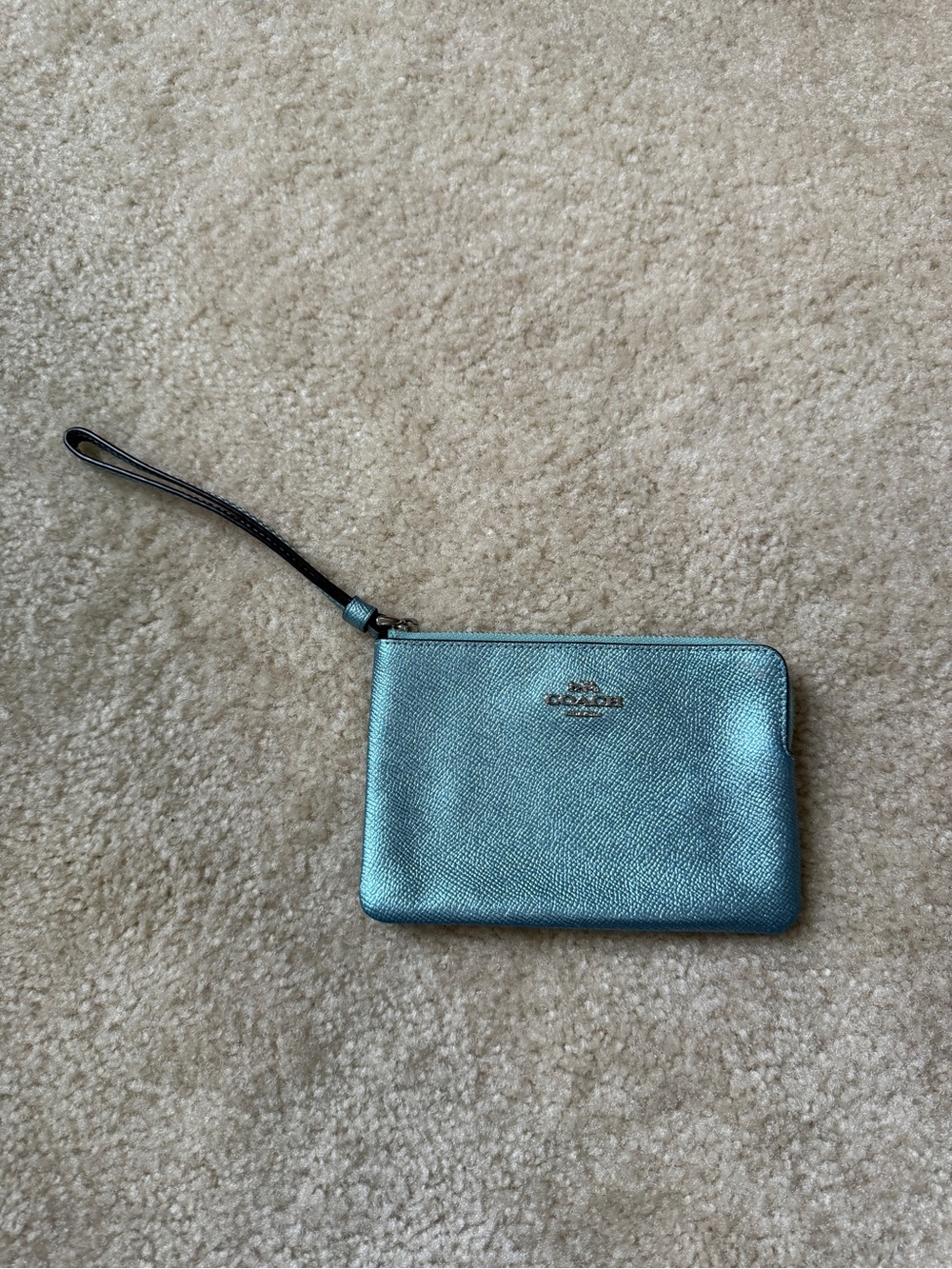 Coach Metallic Teal Leather Wristlet Pouch